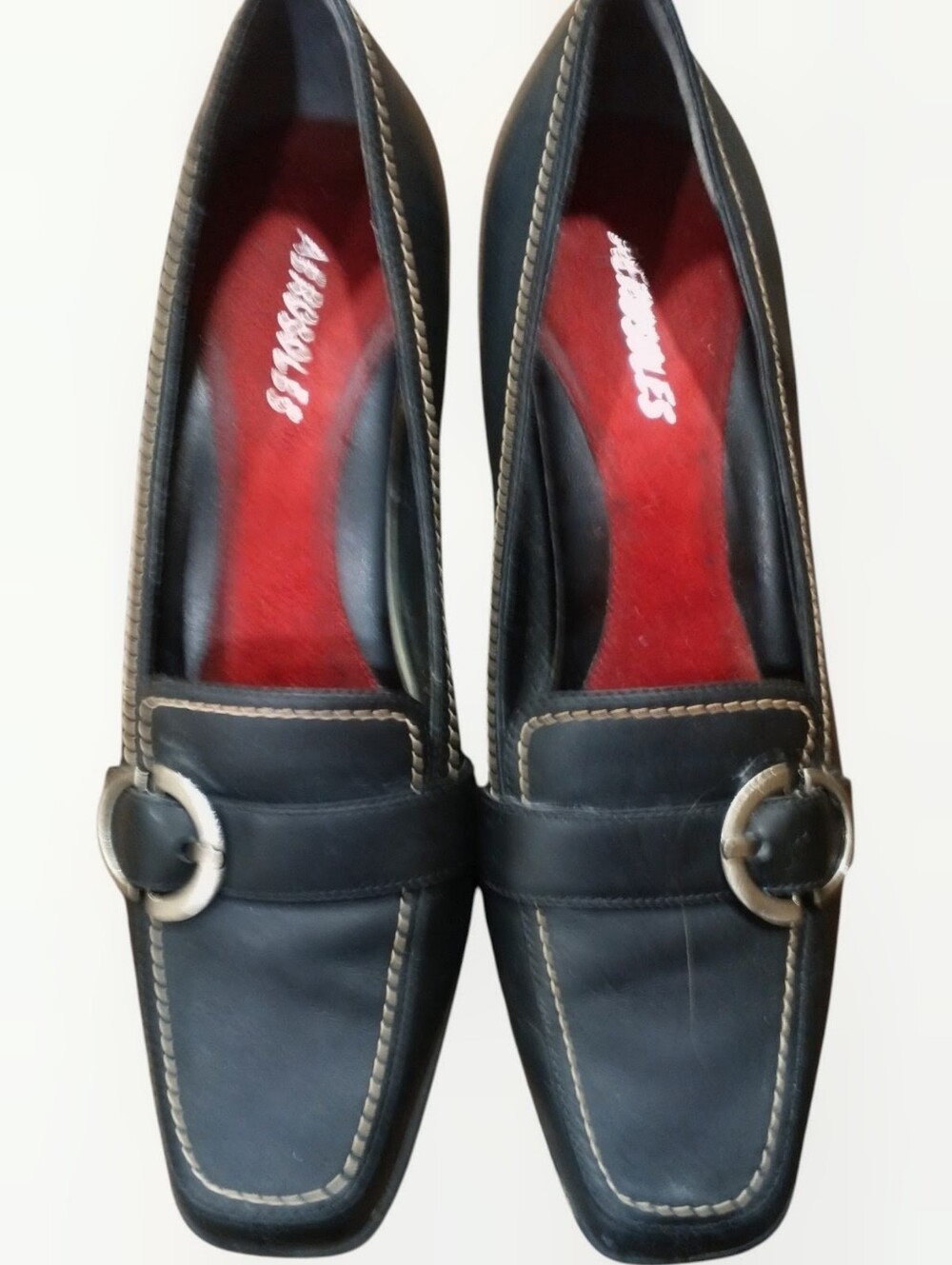 Vintage Black Leather Women's Slip-On Loafers with Silver Buckle